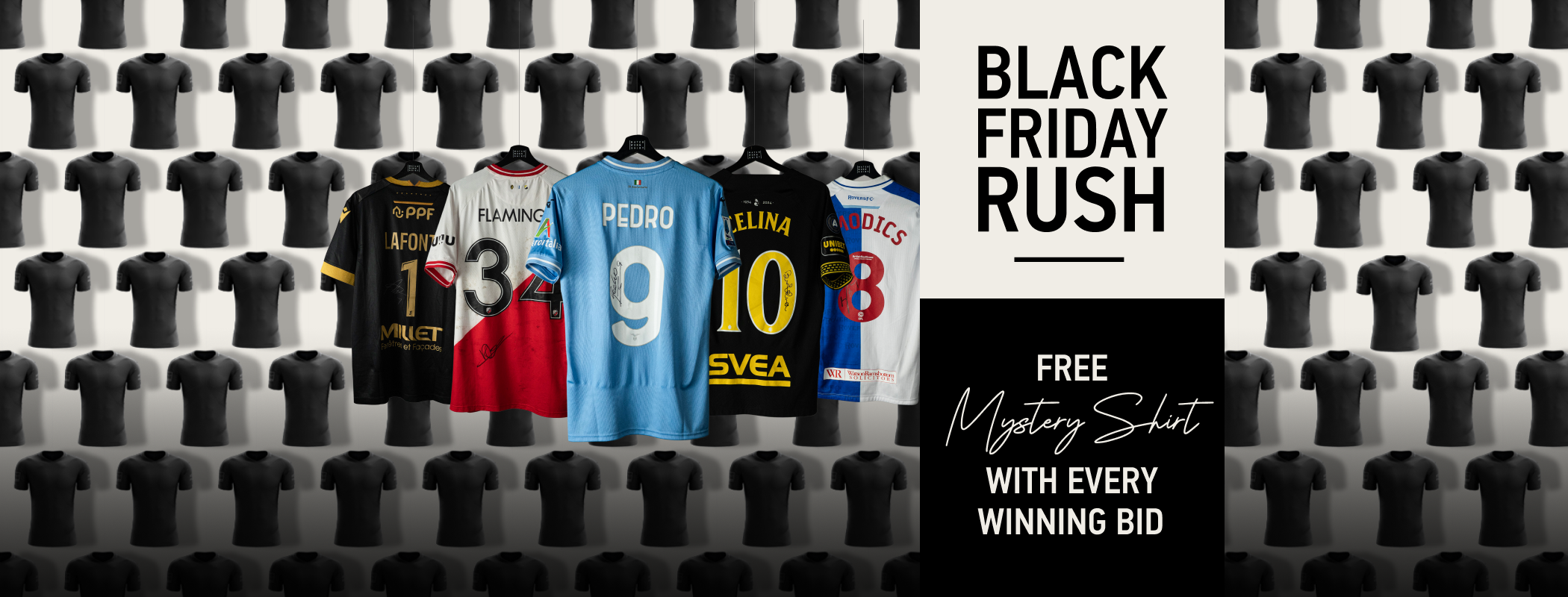 event banner for Black Friday Rush | Day 2 | Free Mystery Shirt With Every Winning Bid