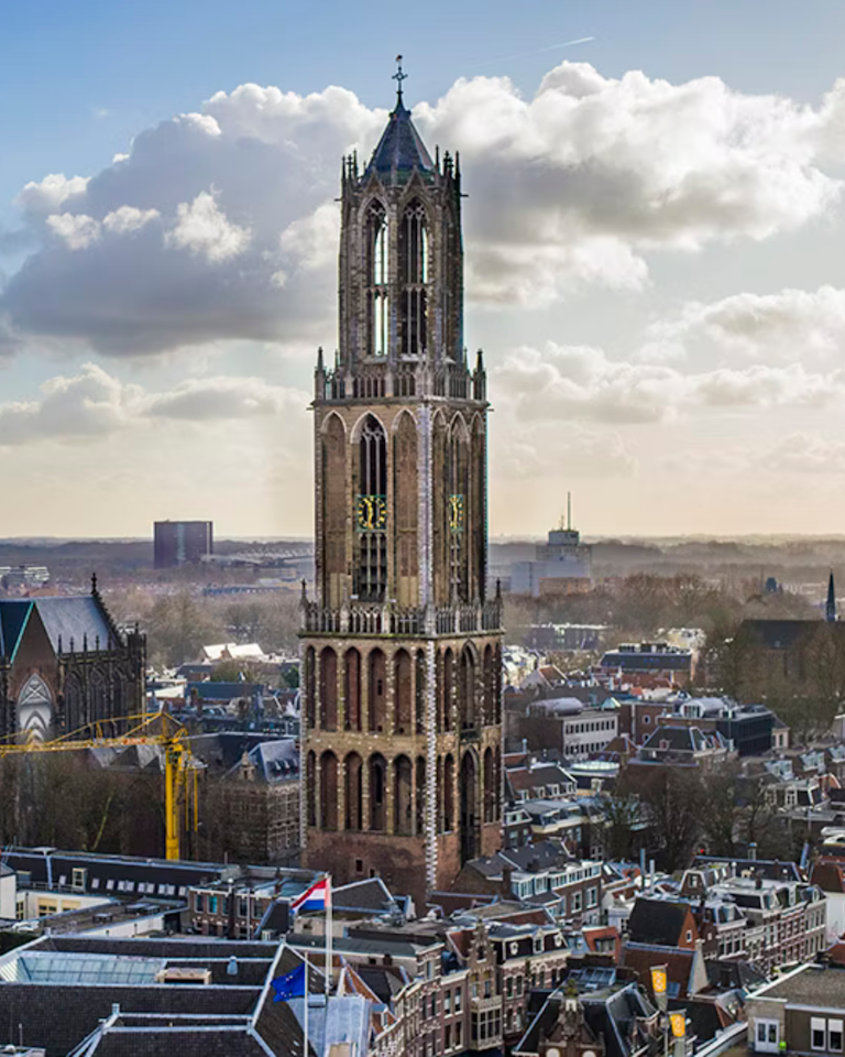 View Stadion Galgenwaard and the Dom from the air with three people